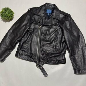 Towncraft Black Genuine Leather Asymmetric Zip Motorcycle Biker Jacket Men Large